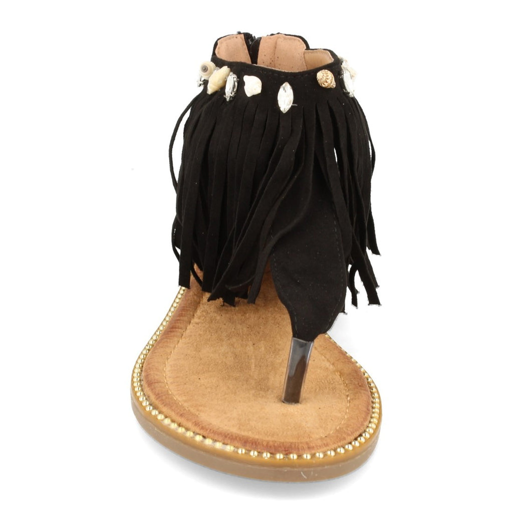 Sandalias Negras Mujer Planas Esclava Flecos Conchas Bohemia