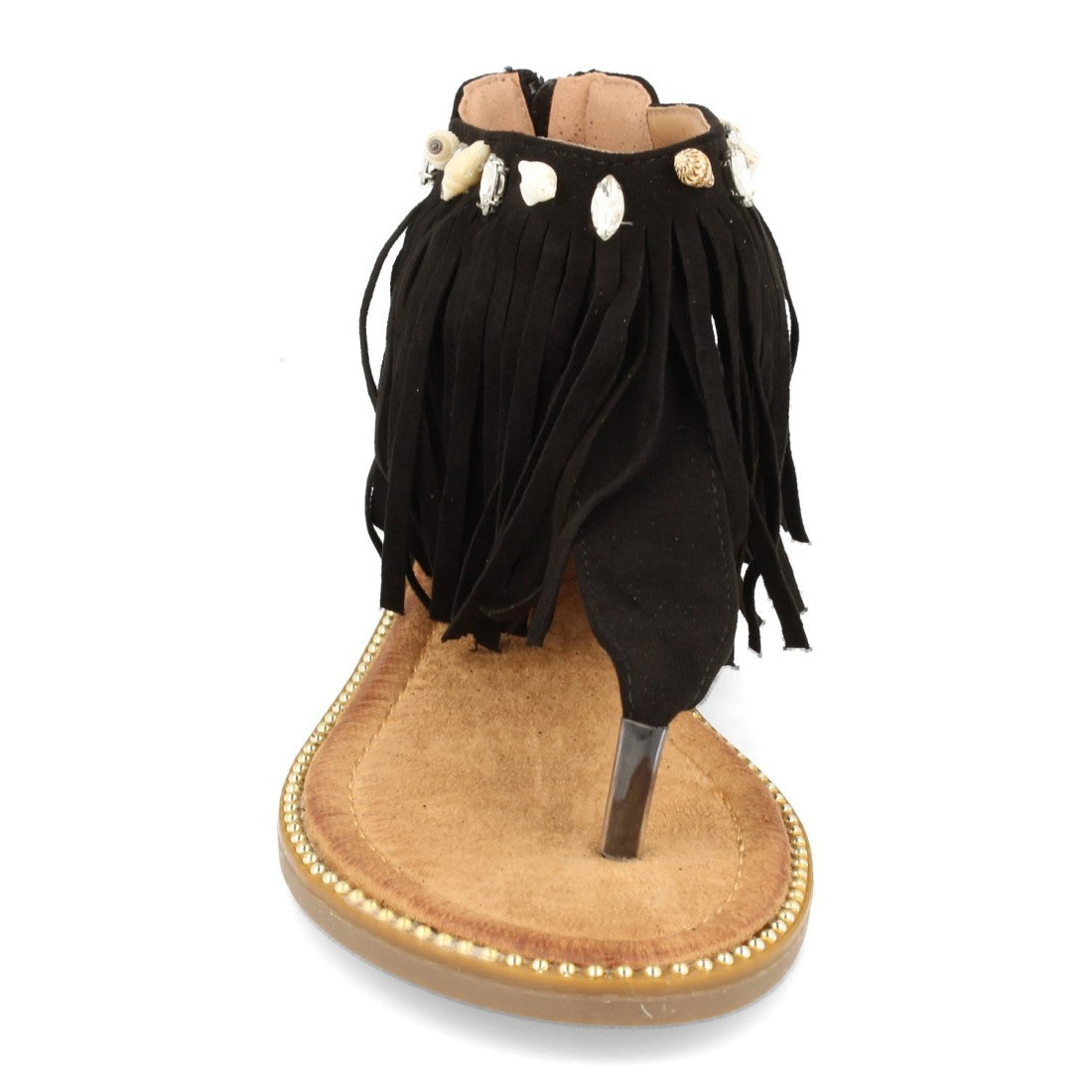 Sandalias Negras Mujer Planas Esclava Flecos Conchas Bohemia