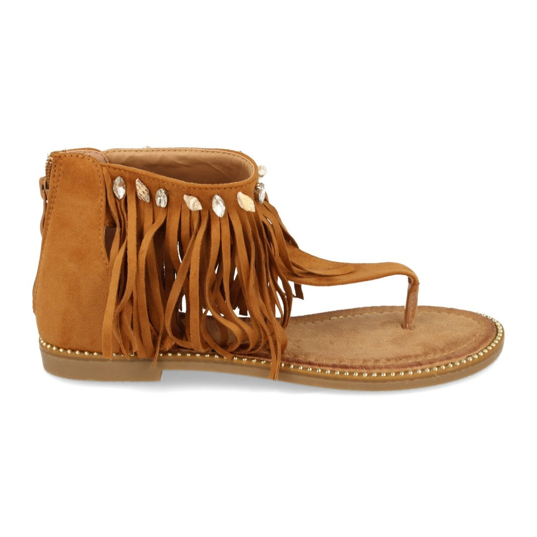 Sandalias Camel Mujer Planas Esclava Flecos Conchas Bohemia