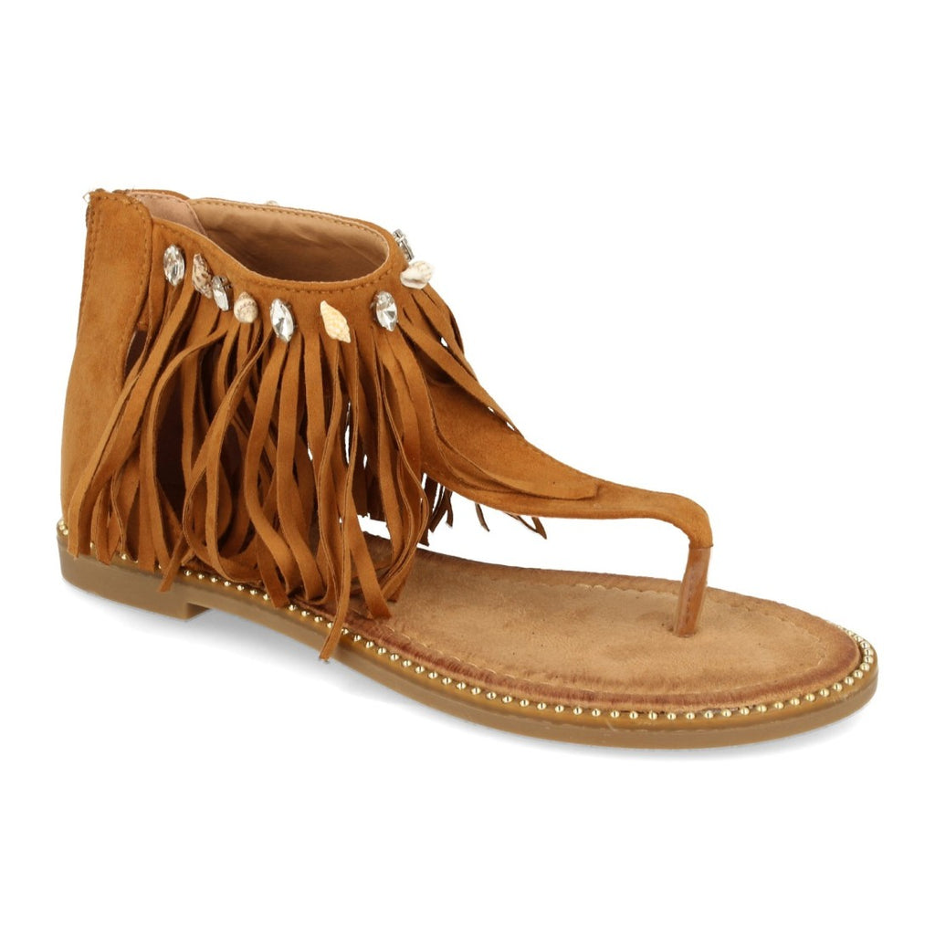 Sandalias Camel Mujer Planas Esclava Flecos Conchas Bohemia