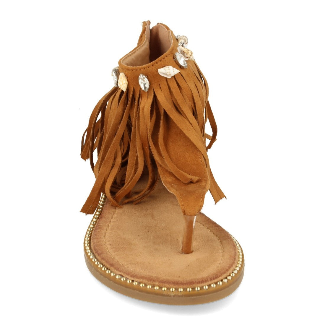 Sandalias Camel Mujer Planas Esclava Flecos Conchas Bohemia