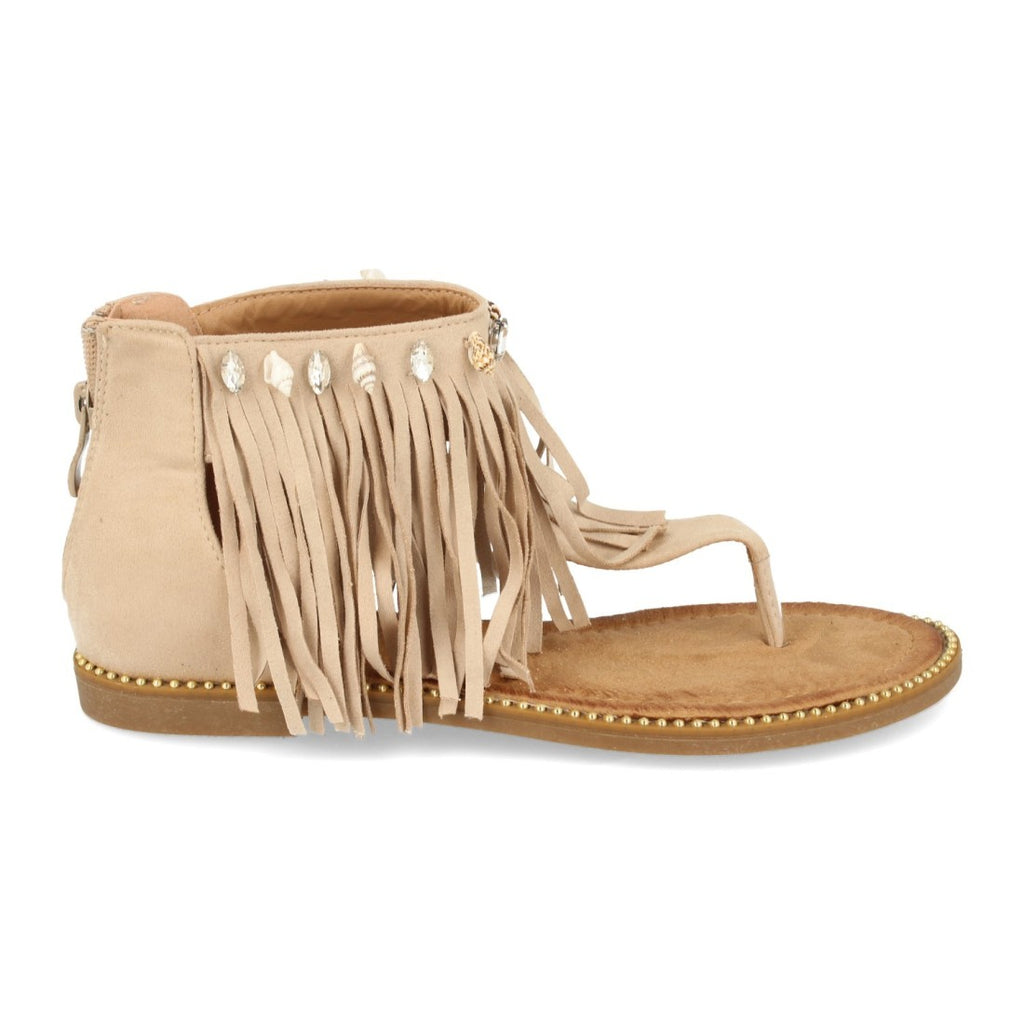 Sandalias Beige Mujer Planas Esclava Flecos Conchas Bohemia