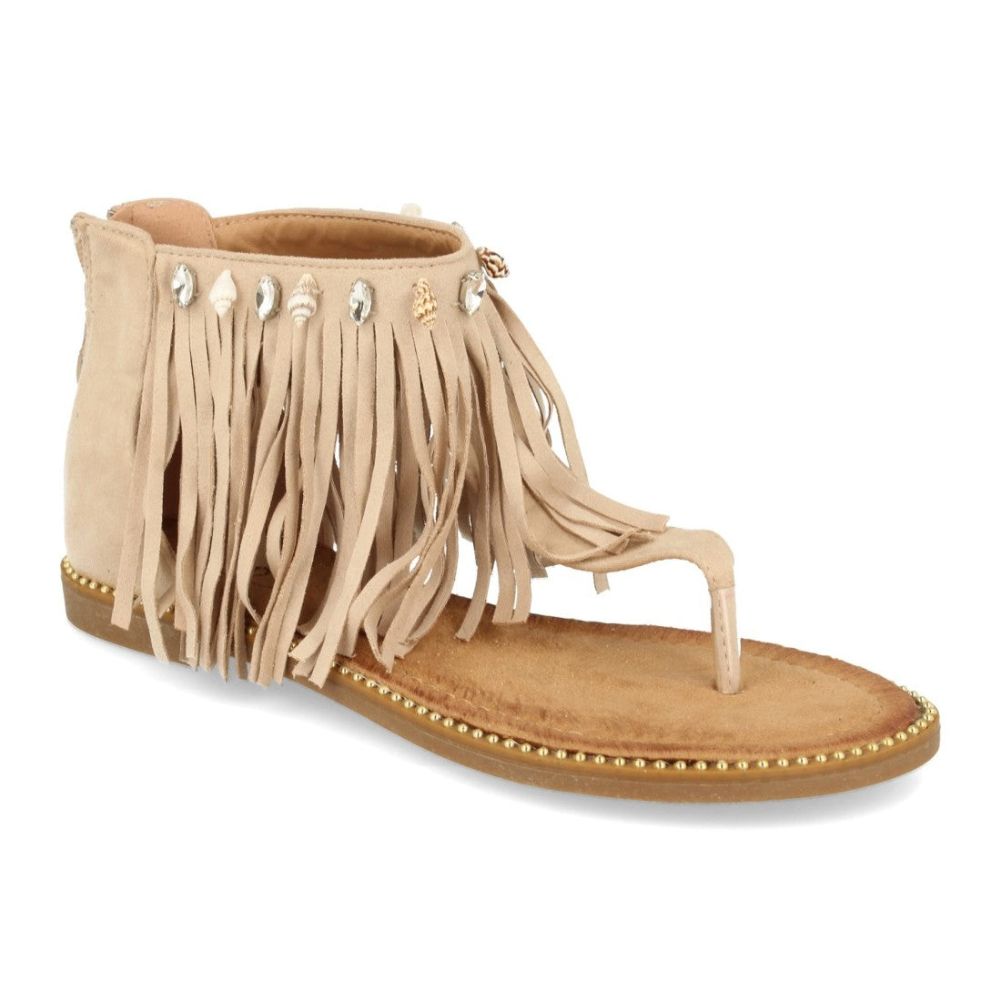 Sandalias Beige Mujer Planas Esclava Flecos Conchas Bohemia