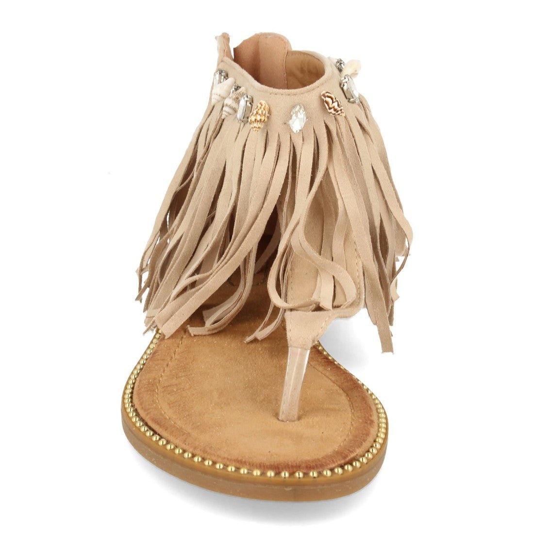 Sandalias Beige Mujer Planas Esclava Flecos Conchas Bohemia