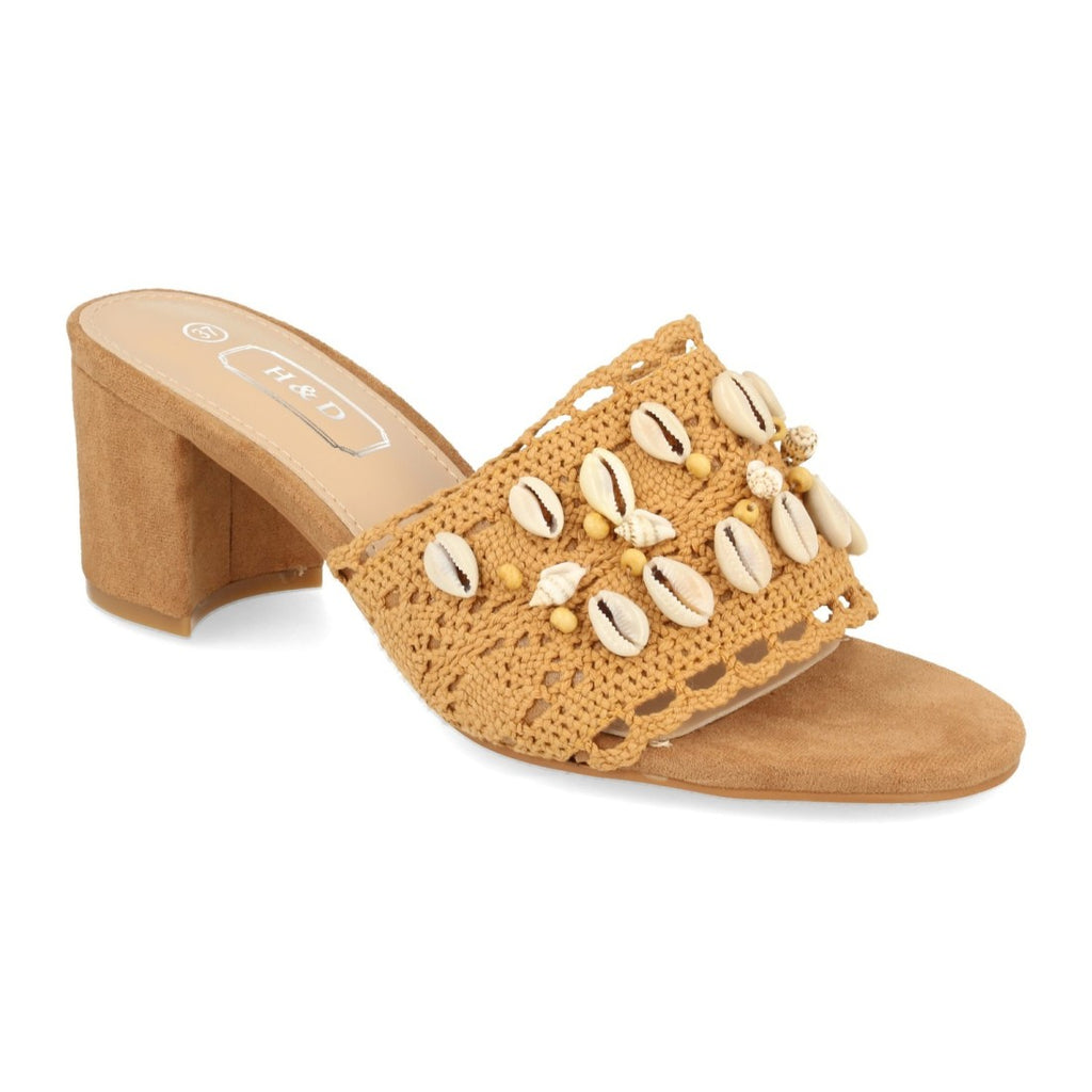 Sandalias Camel Mujer Tacón Conchas Talón Abierto
