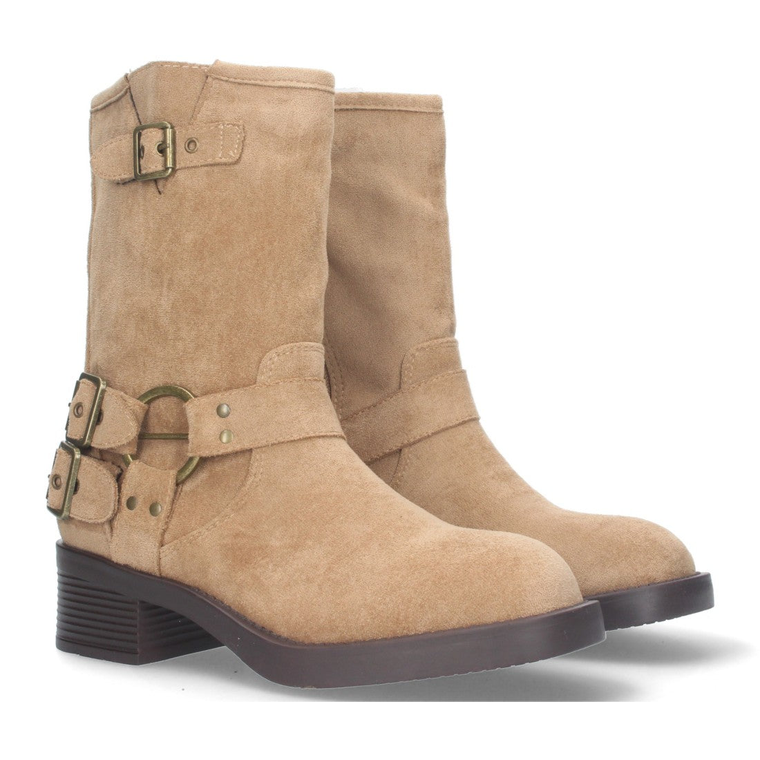 Botas Moteras Beige con Tacón Bajo Caña 20cm