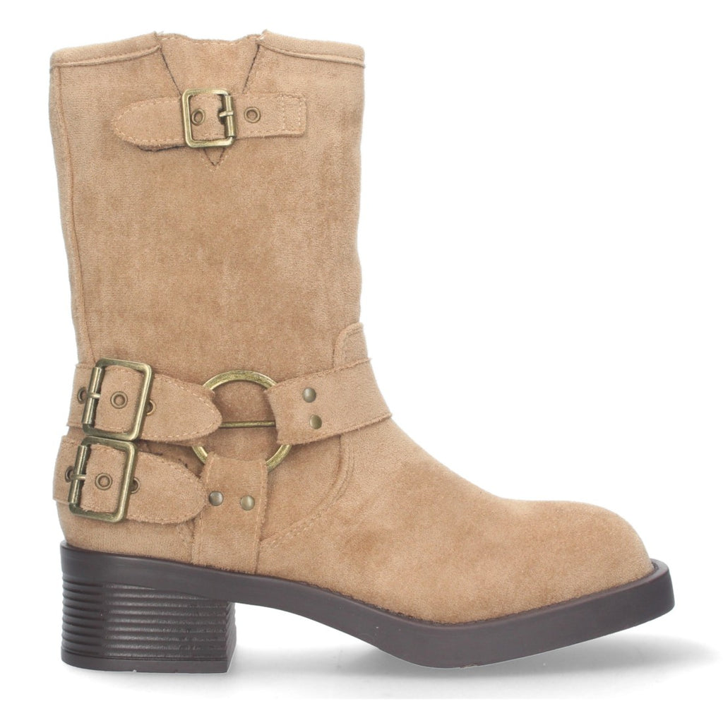 Botas Moteras Beige con Tacón Bajo Caña 20cm