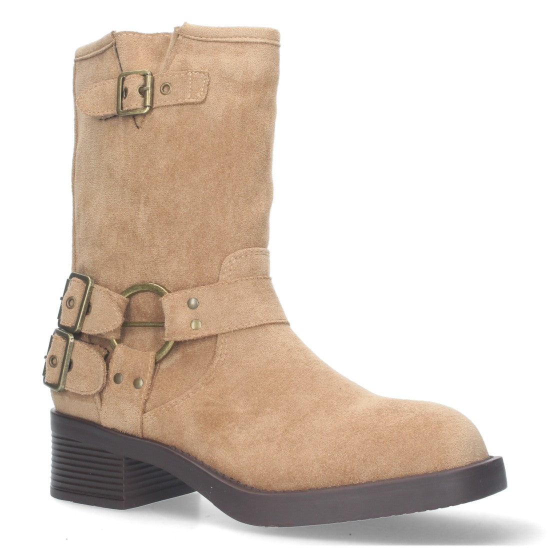 Botas Moteras Beige con Tacón Bajo Caña 20cm