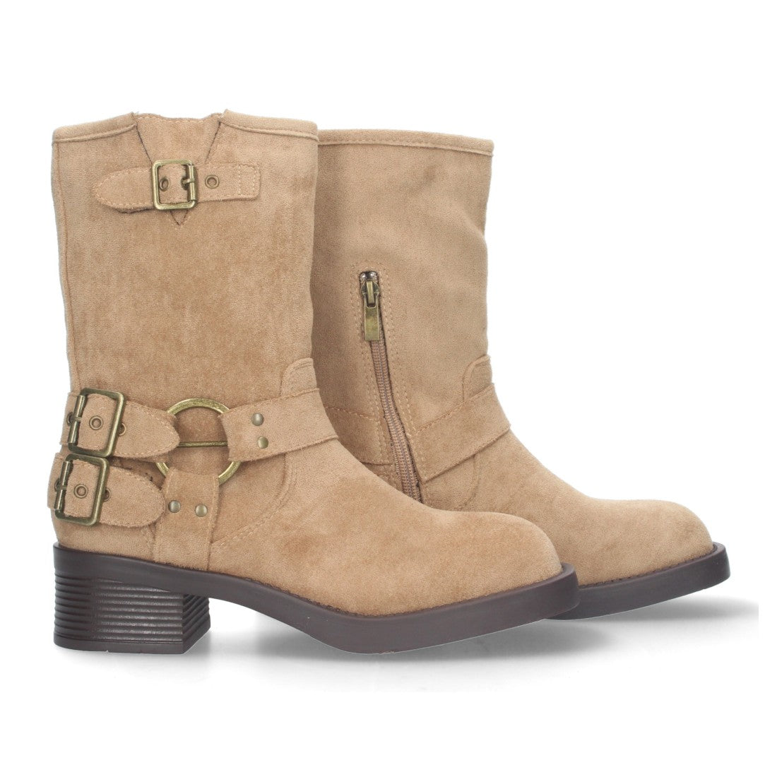 Botas Moteras Beige con Tacón Bajo Caña 20cm