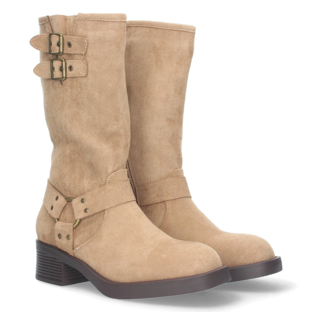 Botas Moteras Beige con Tacón Bajo y Cremallera