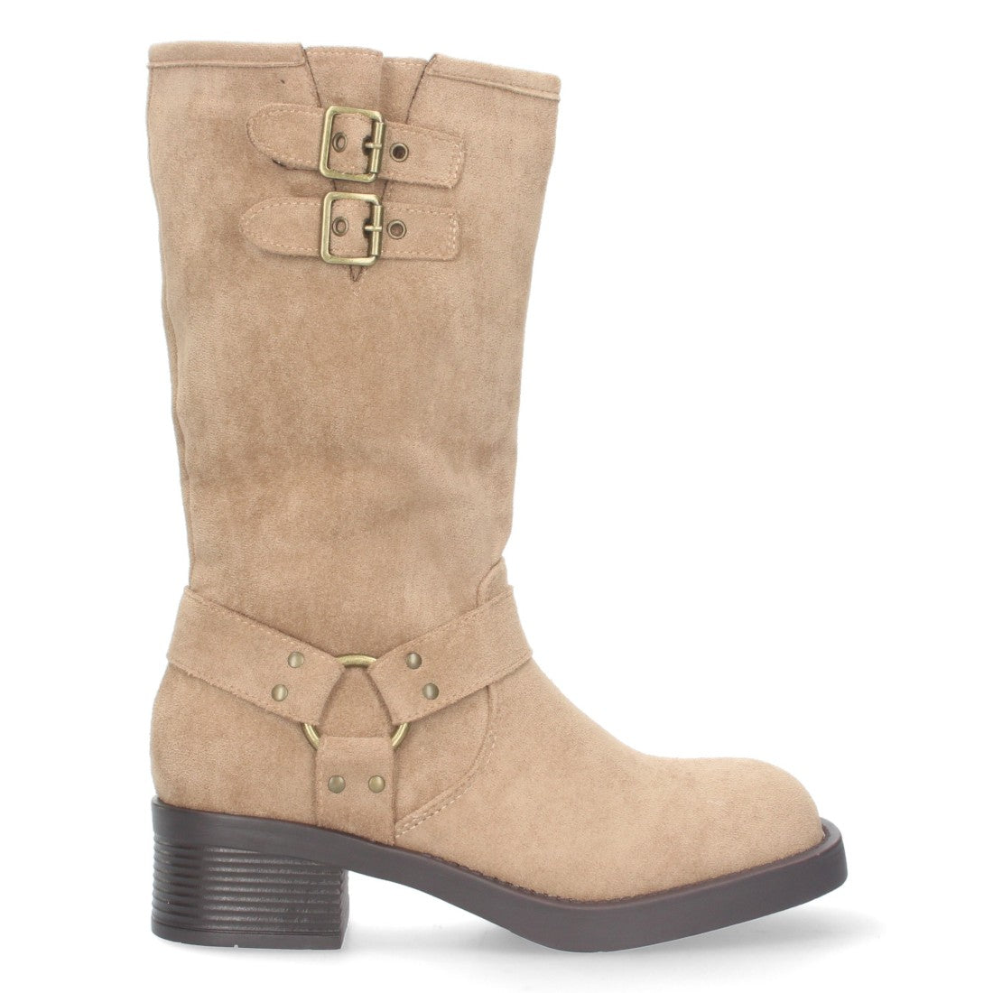 Botas Moteras Beige con Tacón Bajo y Cremallera