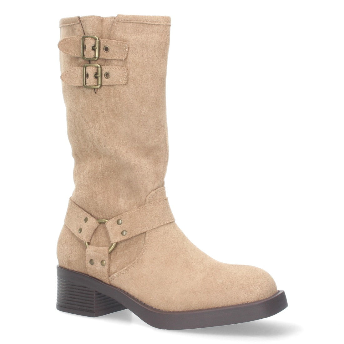 Botas Moteras Beige con Tacón Bajo y Cremallera