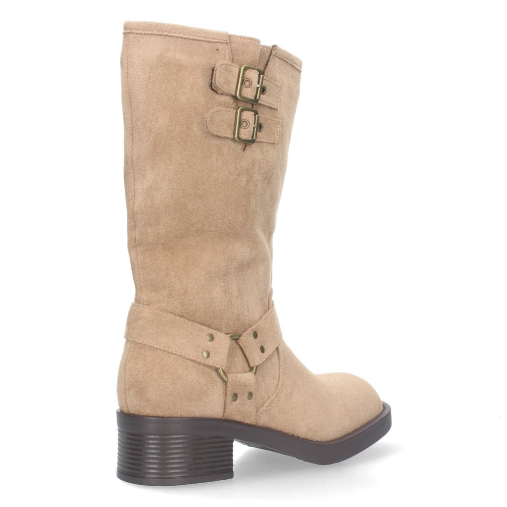 Botas Moteras Beige con Tacón Bajo y Cremallera