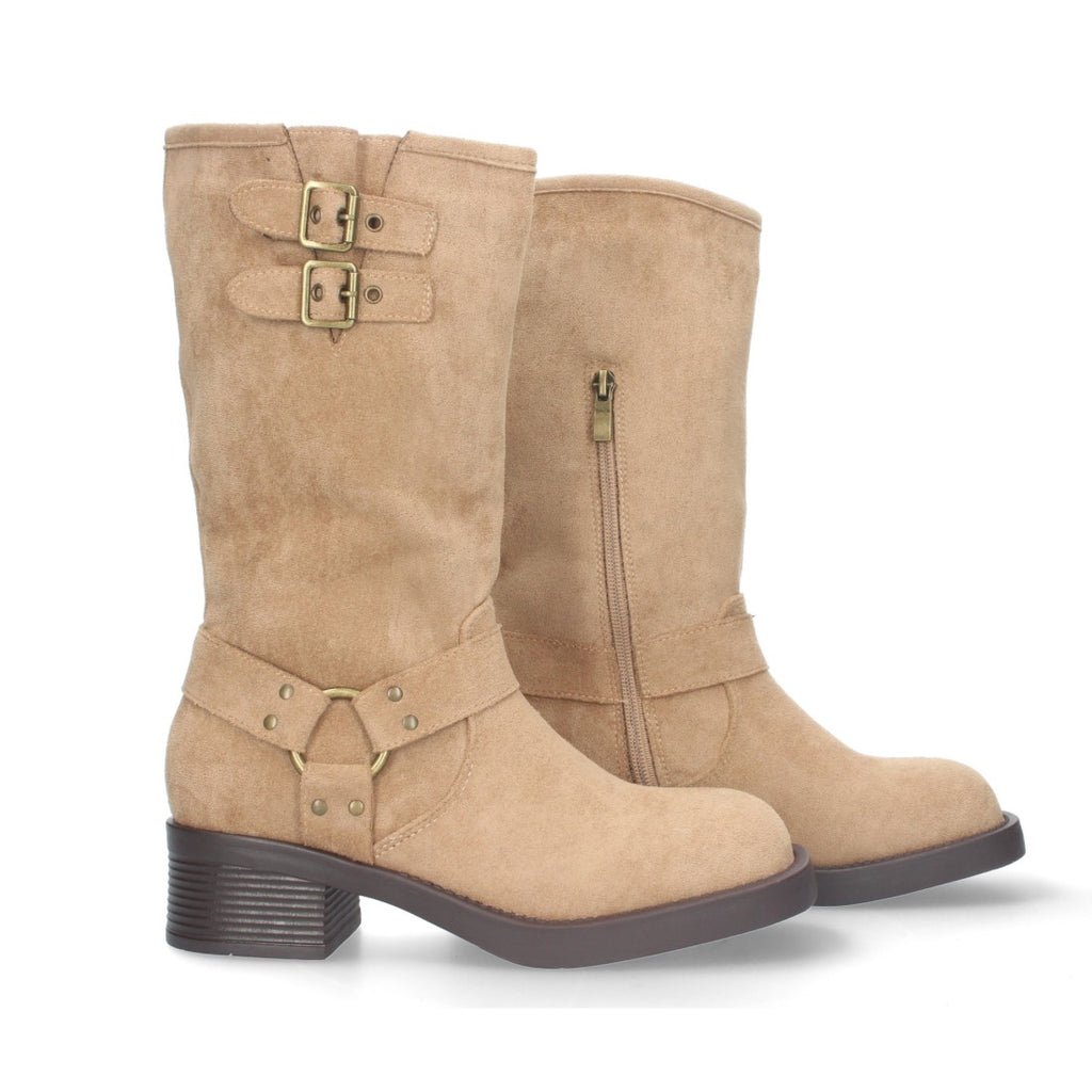 Botas Moteras Beige con Tacón Bajo y Cremallera