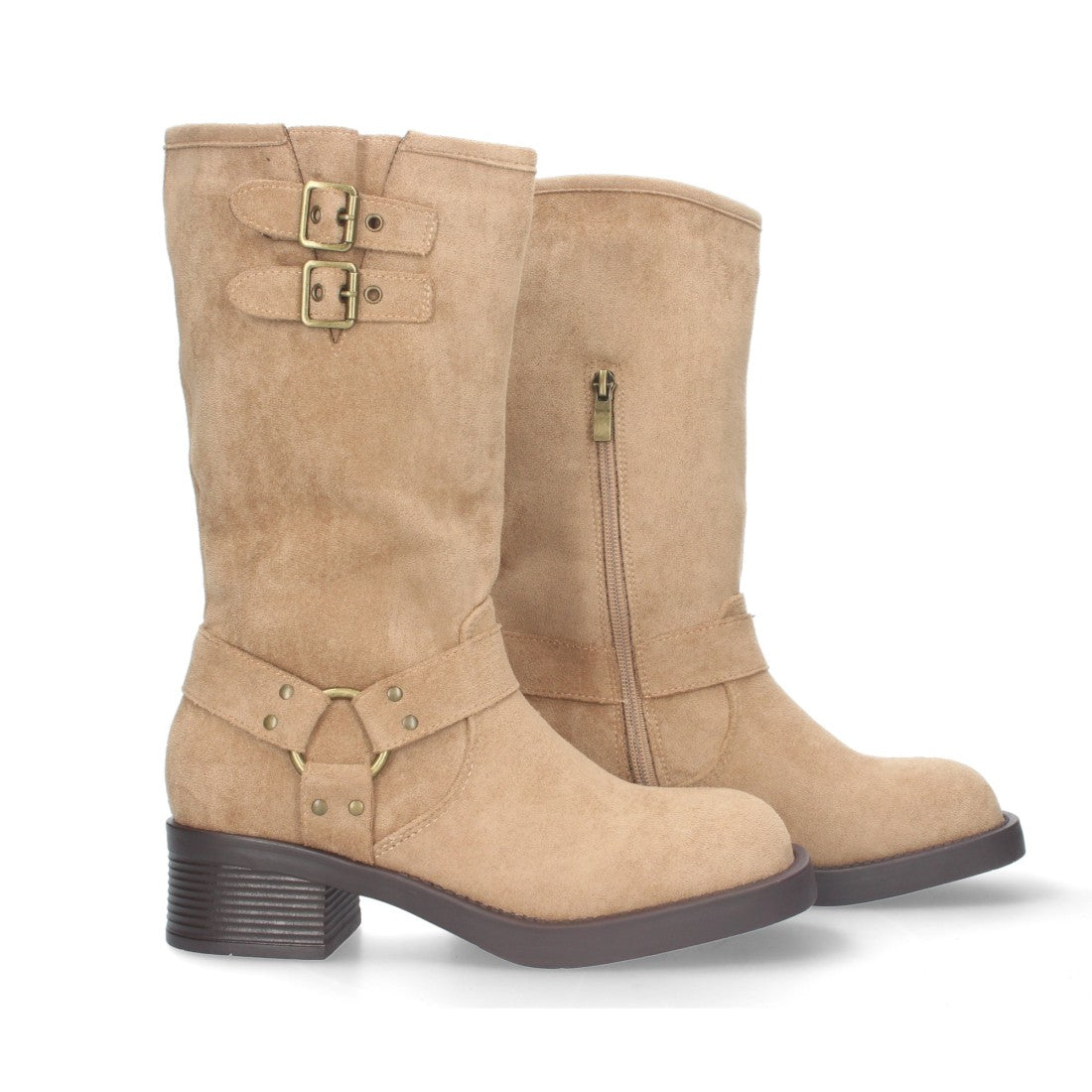 Botas Moteras Beige con Tacón Bajo y Cremallera