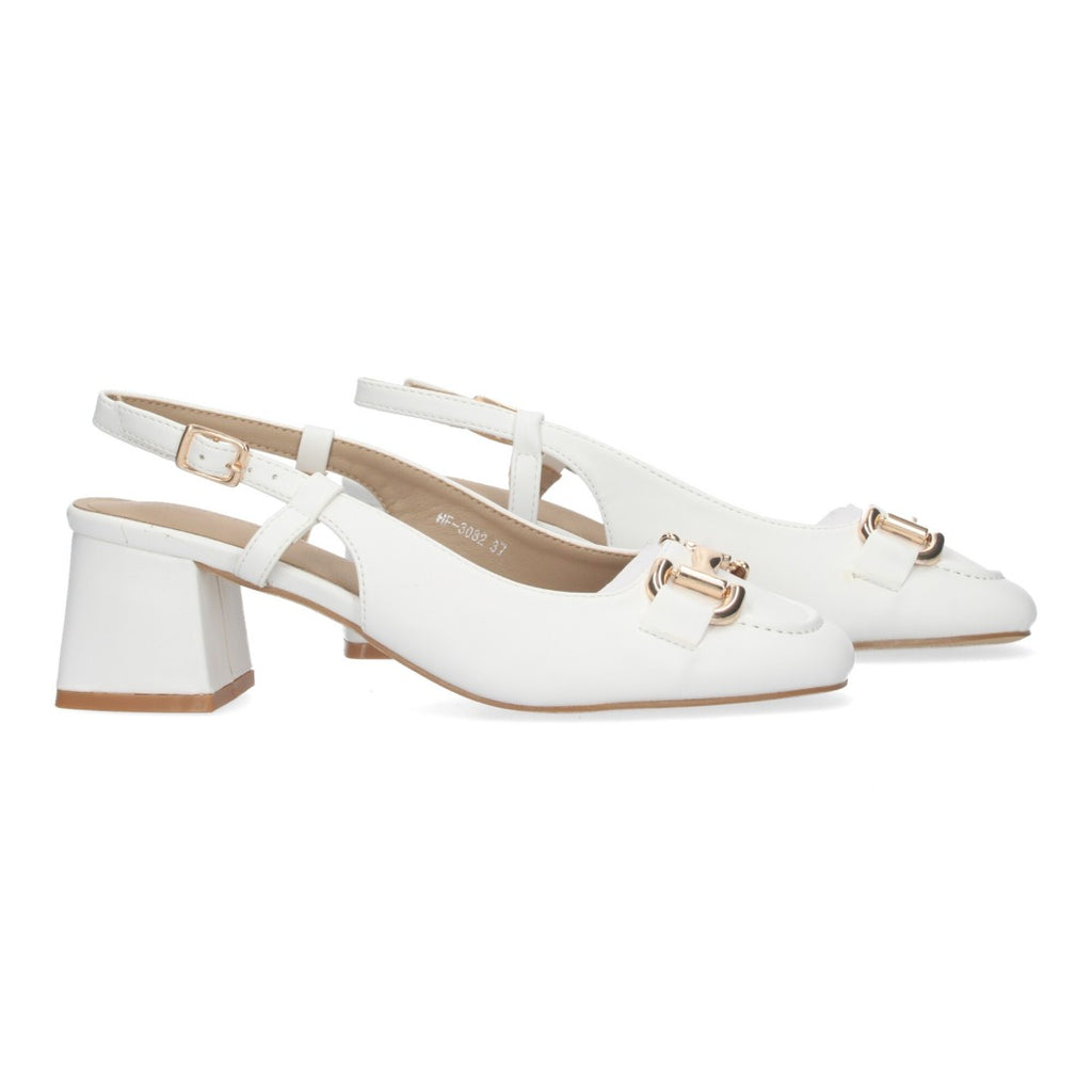 Pumps Blancos Mujer Salón Detalle Metálico Punta Fina Hebilla Elegantes
