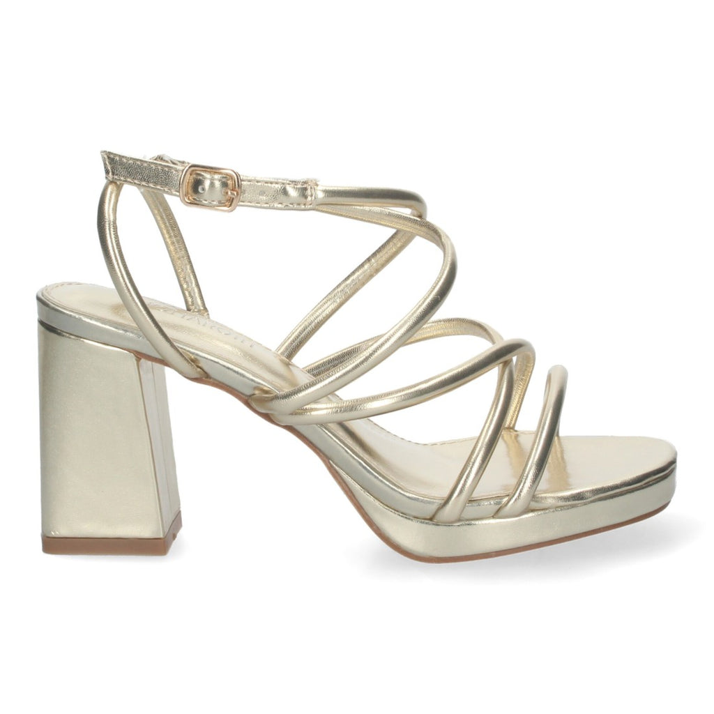 Sandalias Doradas Mujer Tacón Cuadrado Tiras Brillantes Hebilla Fiesta