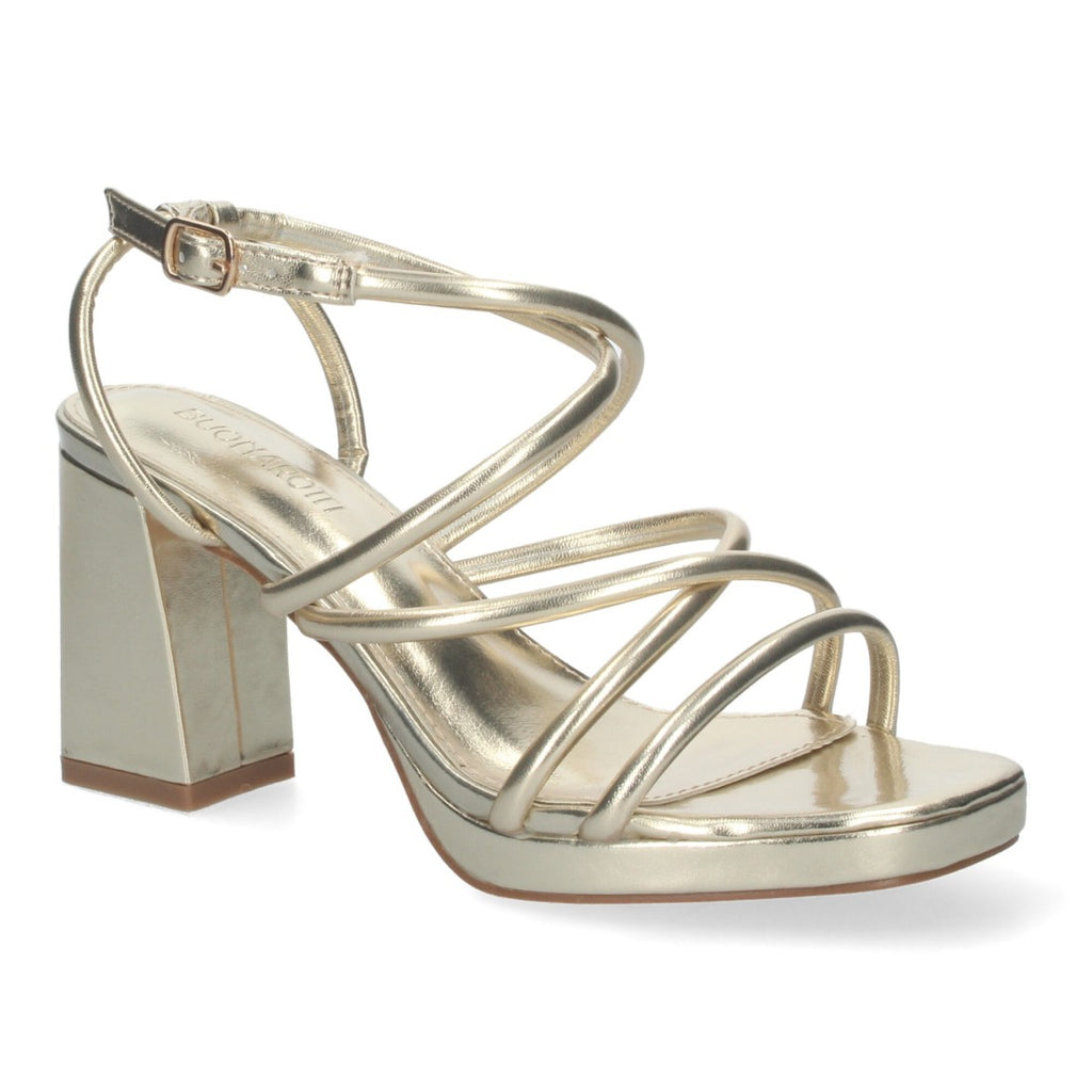 Sandalias Doradas Mujer Tacón Cuadrado Tiras Brillantes Hebilla Fiesta