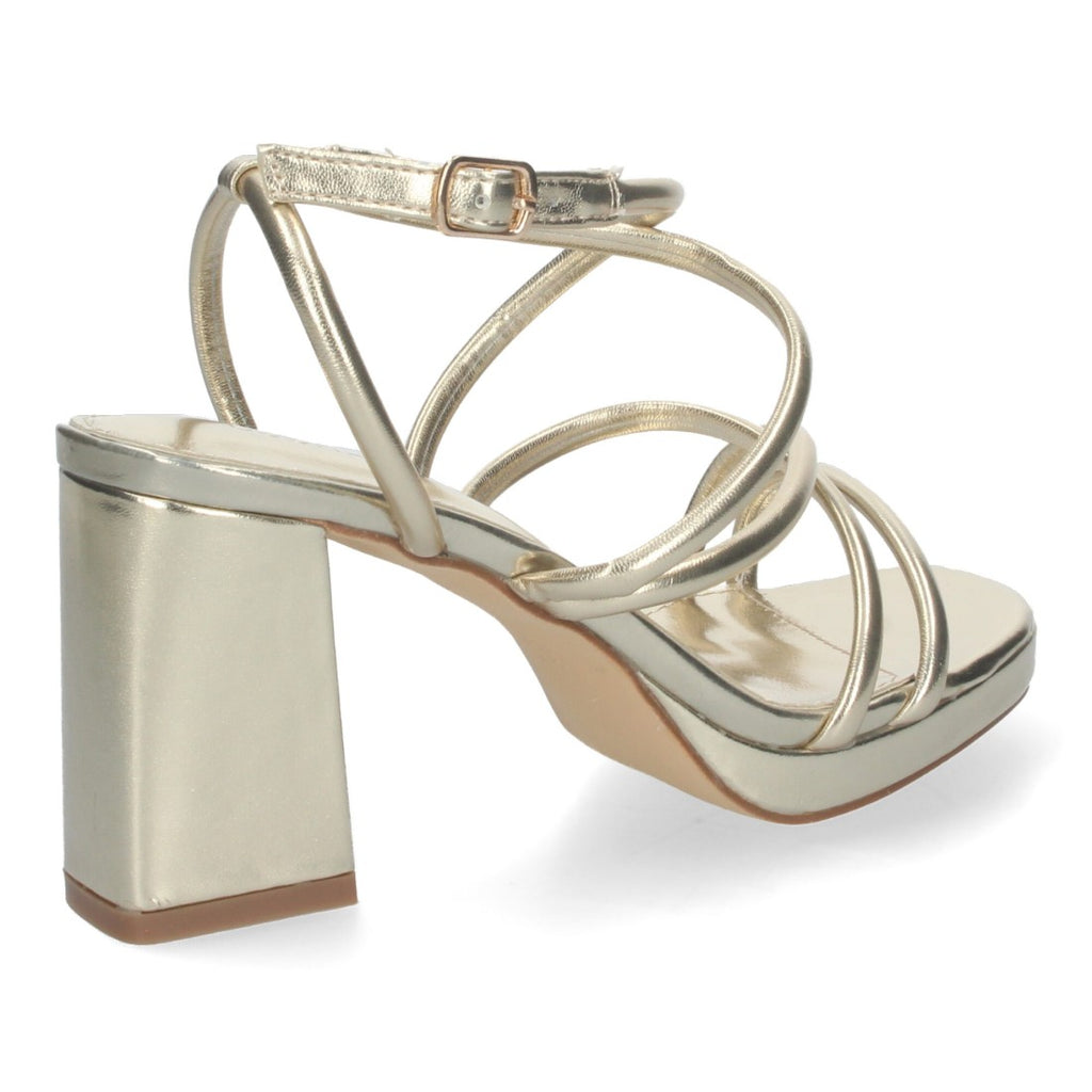 Sandalias Doradas Mujer Tacón Cuadrado Tiras Brillantes Hebilla Fiesta