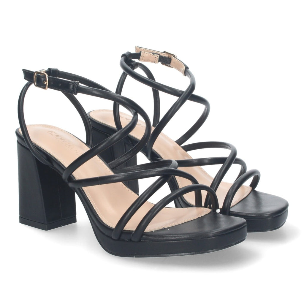 Sandalias Negras Mujer Tacón Cuadrado Tiras Brillantes Hebilla Fiesta