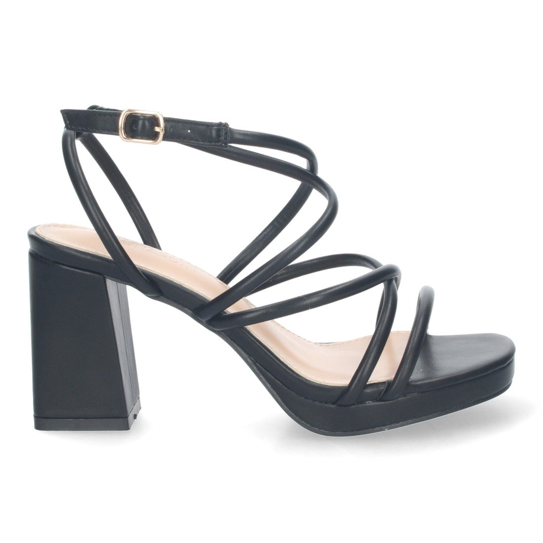 Sandalias Negras Mujer Tacón Cuadrado Tiras Brillantes Hebilla Fiesta