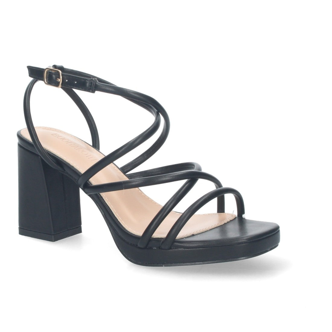 Sandalias Negras Mujer Tacón Cuadrado Tiras Brillantes Hebilla Fiesta