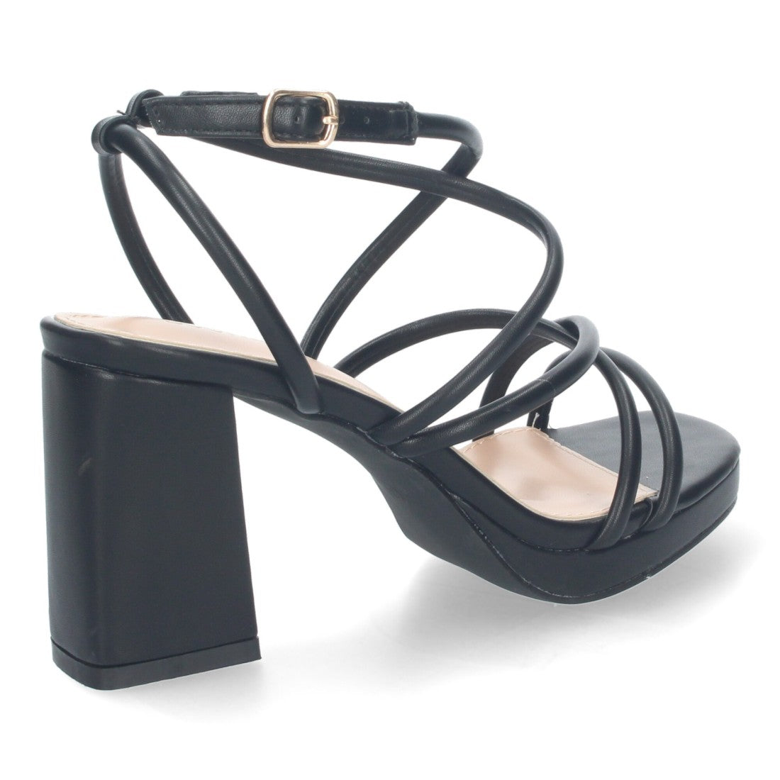 Sandalias Negras Mujer Tacón Cuadrado Tiras Brillantes Hebilla Fiesta