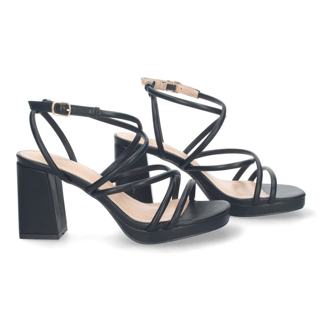 Sandalias Negras Mujer Tacón Cuadrado Tiras Brillantes Hebilla Fiesta