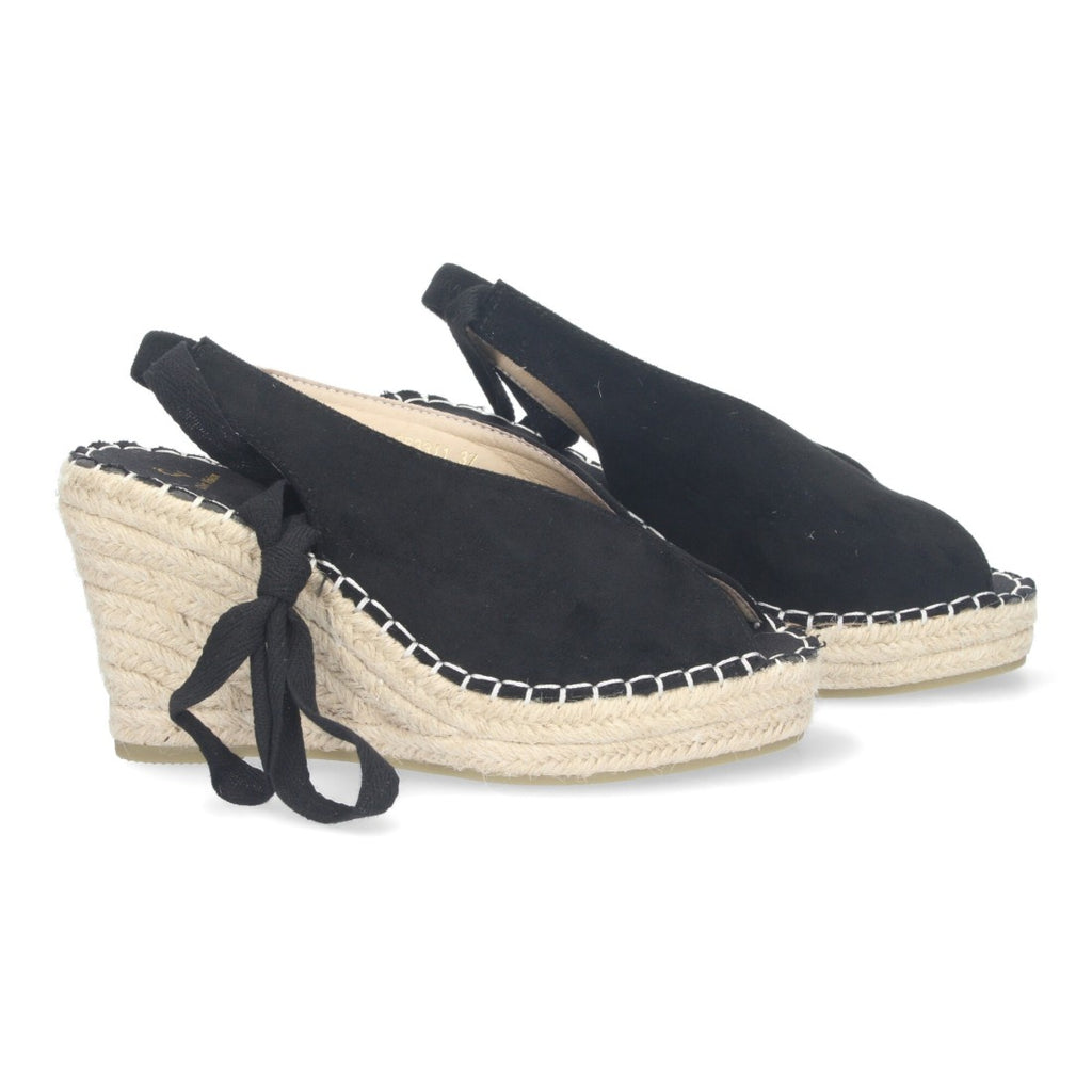 Sandalias Negras Mujer Cuña Yute Cordones Elegantes