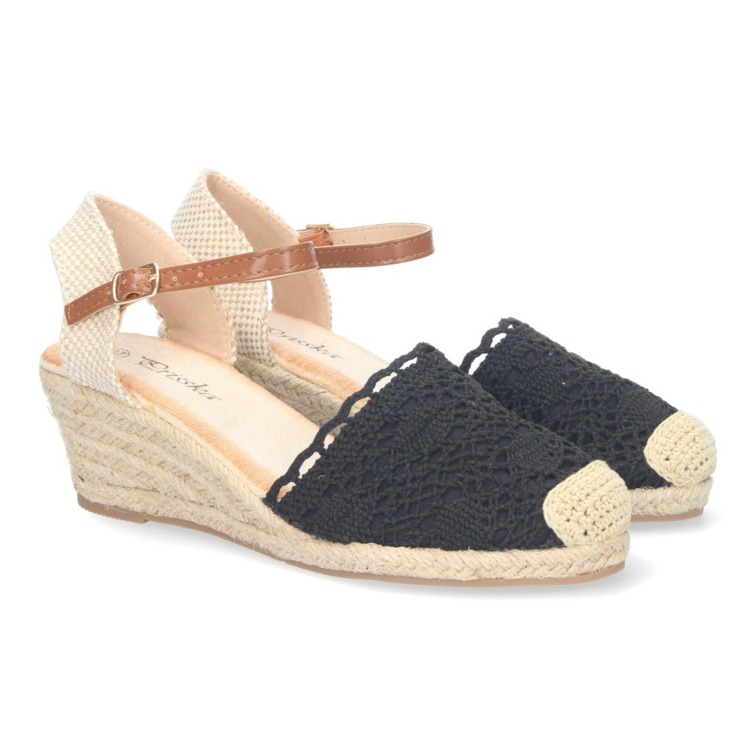 Sandalias Negras Mujer Cuña Yute Valenciana Bordada