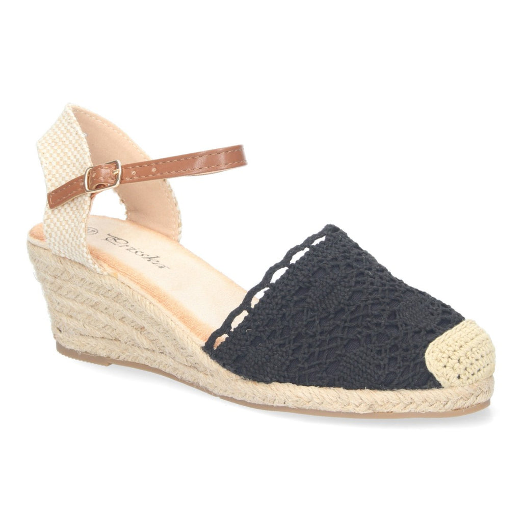 Sandalias Negras Mujer Cuña Yute Valenciana Bordada