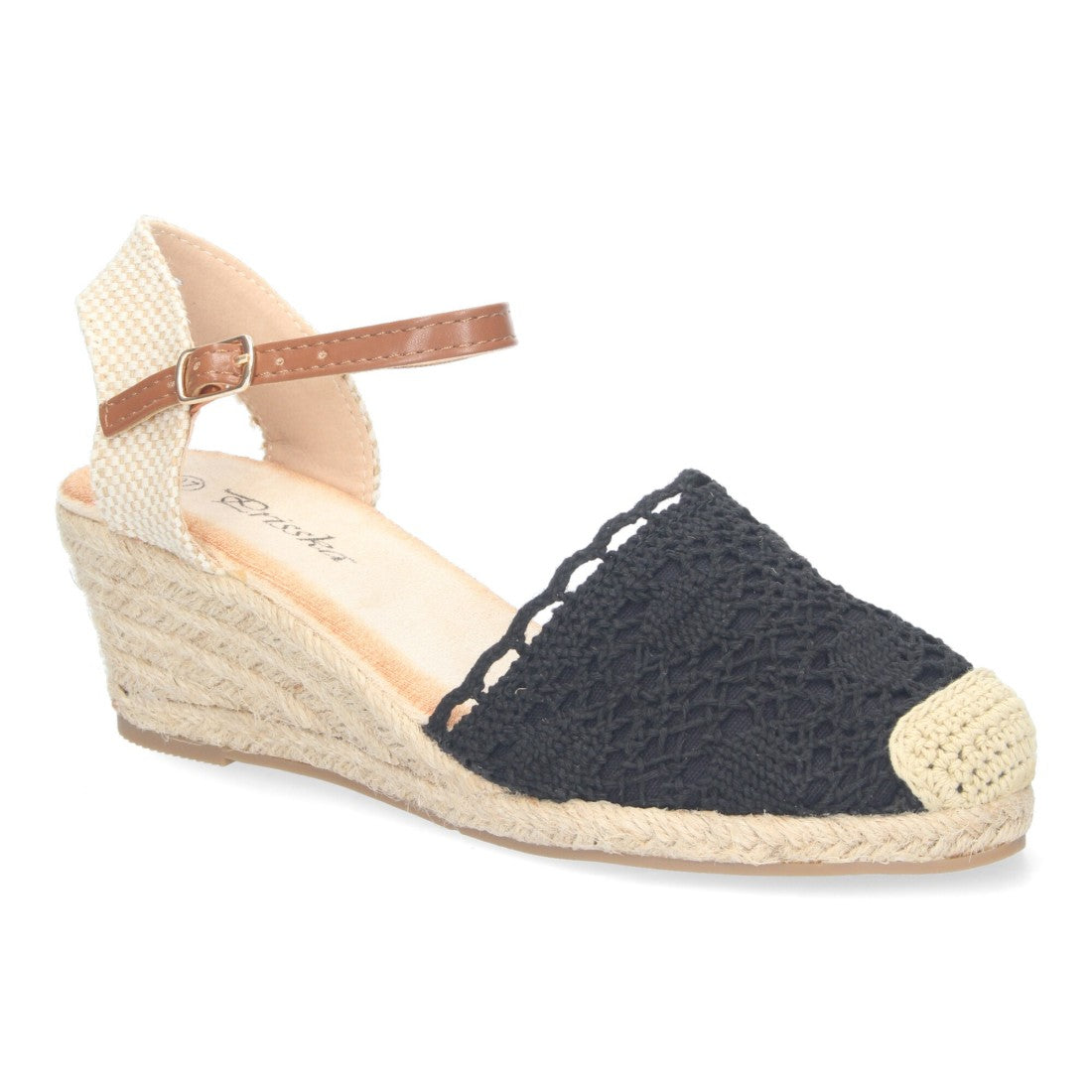 Sandalias Negras Mujer Cuña Yute Valenciana Bordada