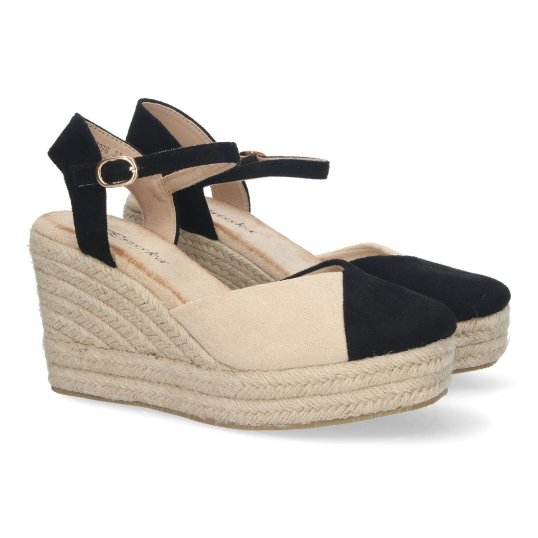 Sandalias Negras Mujer Cuña Yute Pala Bicolor Hebilla Elegantes