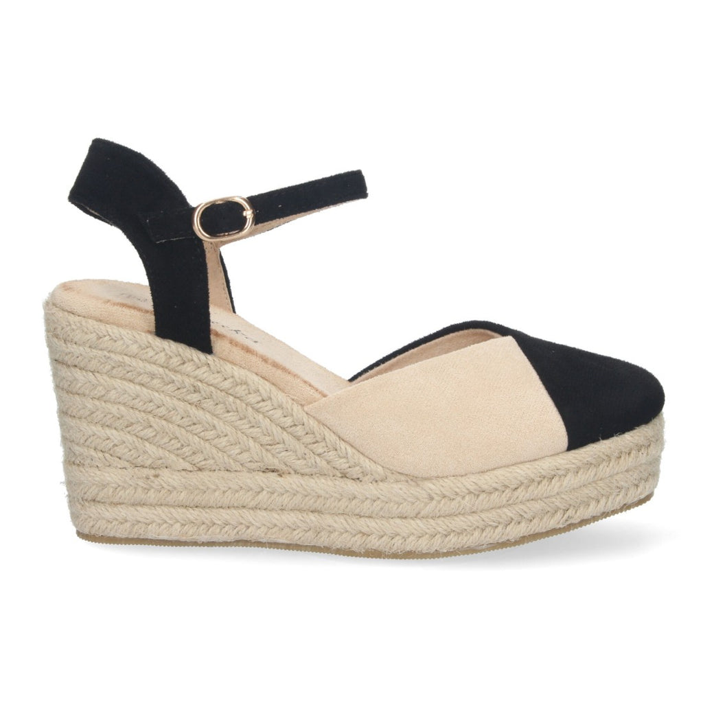 Sandalias Negras Mujer Cuña Yute Pala Bicolor Hebilla Elegantes