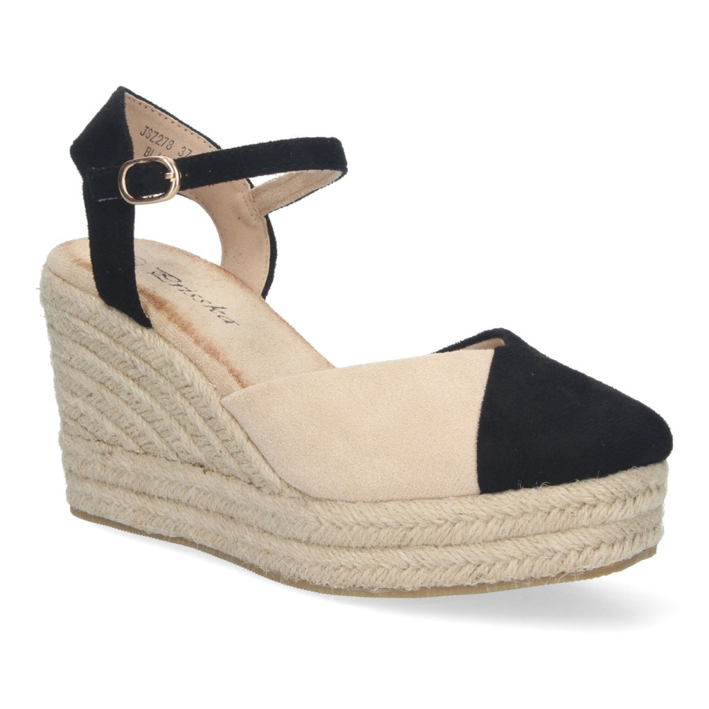 Sandalias Negras Mujer Cuña Yute Pala Bicolor Hebilla Elegantes