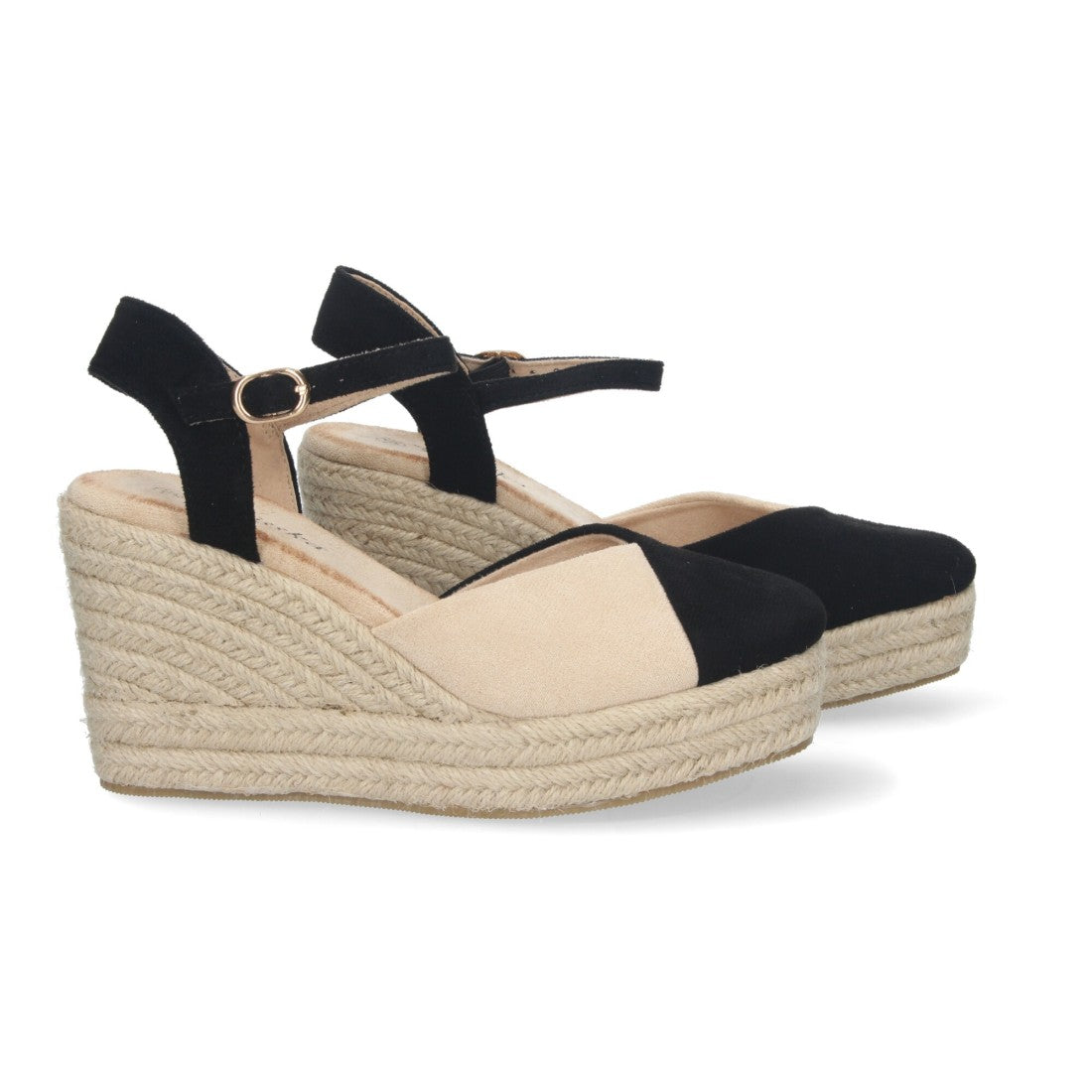 Sandalias Negras Mujer Cuña Yute Pala Bicolor Hebilla Elegantes