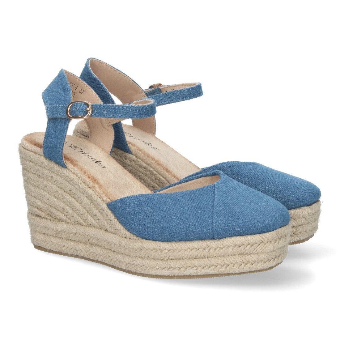 Sandalias Azul Mujer Cuña Yute Pala Bicolor Hebilla Elegantes