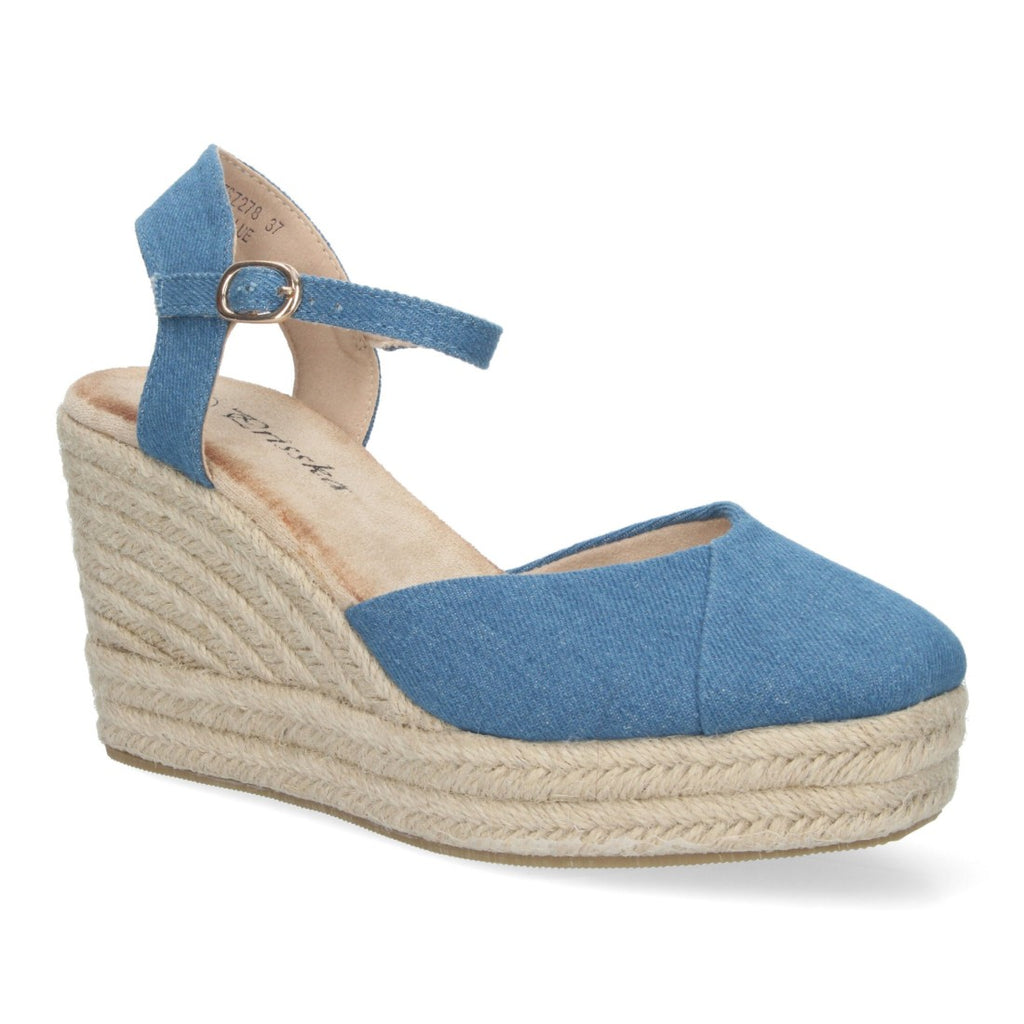 Sandalias Azul Mujer Cuña Yute Pala Bicolor Hebilla Elegantes