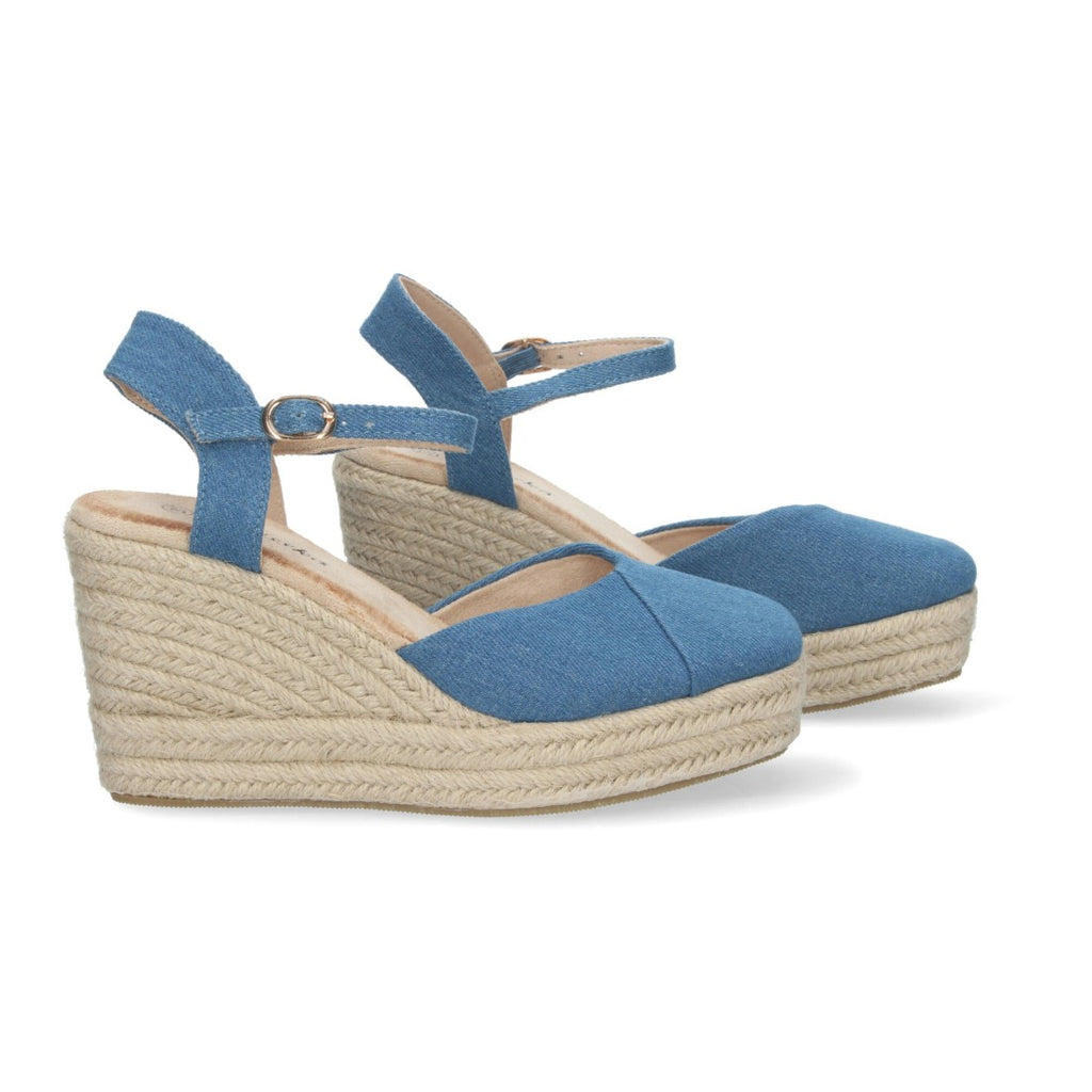 Sandalias Azul Mujer Cuña Yute Pala Bicolor Hebilla Elegantes