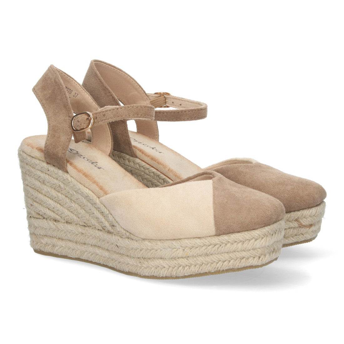 Sandalias Beige Mujer Cuña Yute Pala Bicolor Hebilla Elegantes