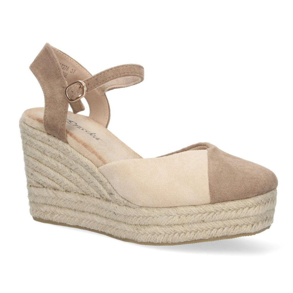 Sandalias Beige Mujer Cuña Yute Pala Bicolor Hebilla Elegantes