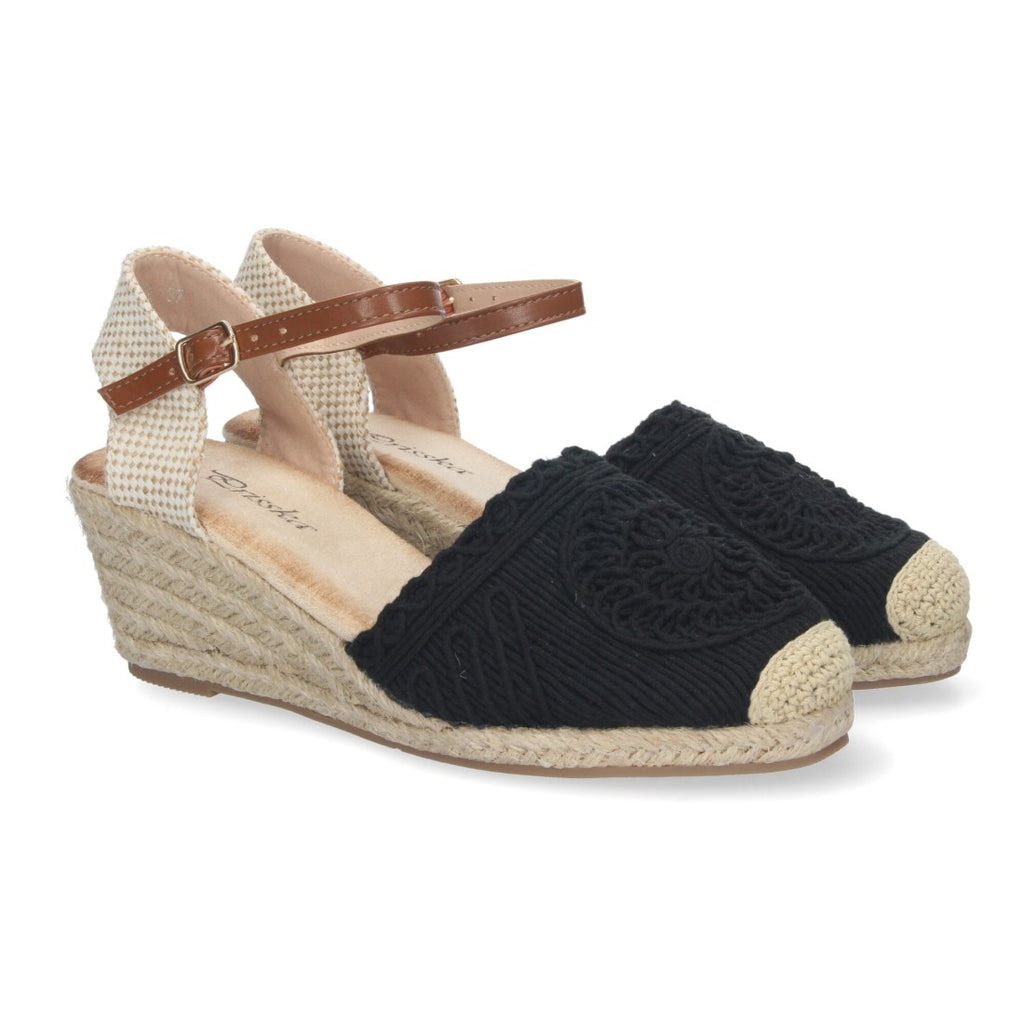 Sandalias Negras Mujer Cuña Yute Valenciana Bordada