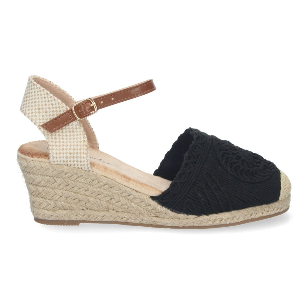 Sandalias Negras Mujer Cuña Yute Valenciana Bordada