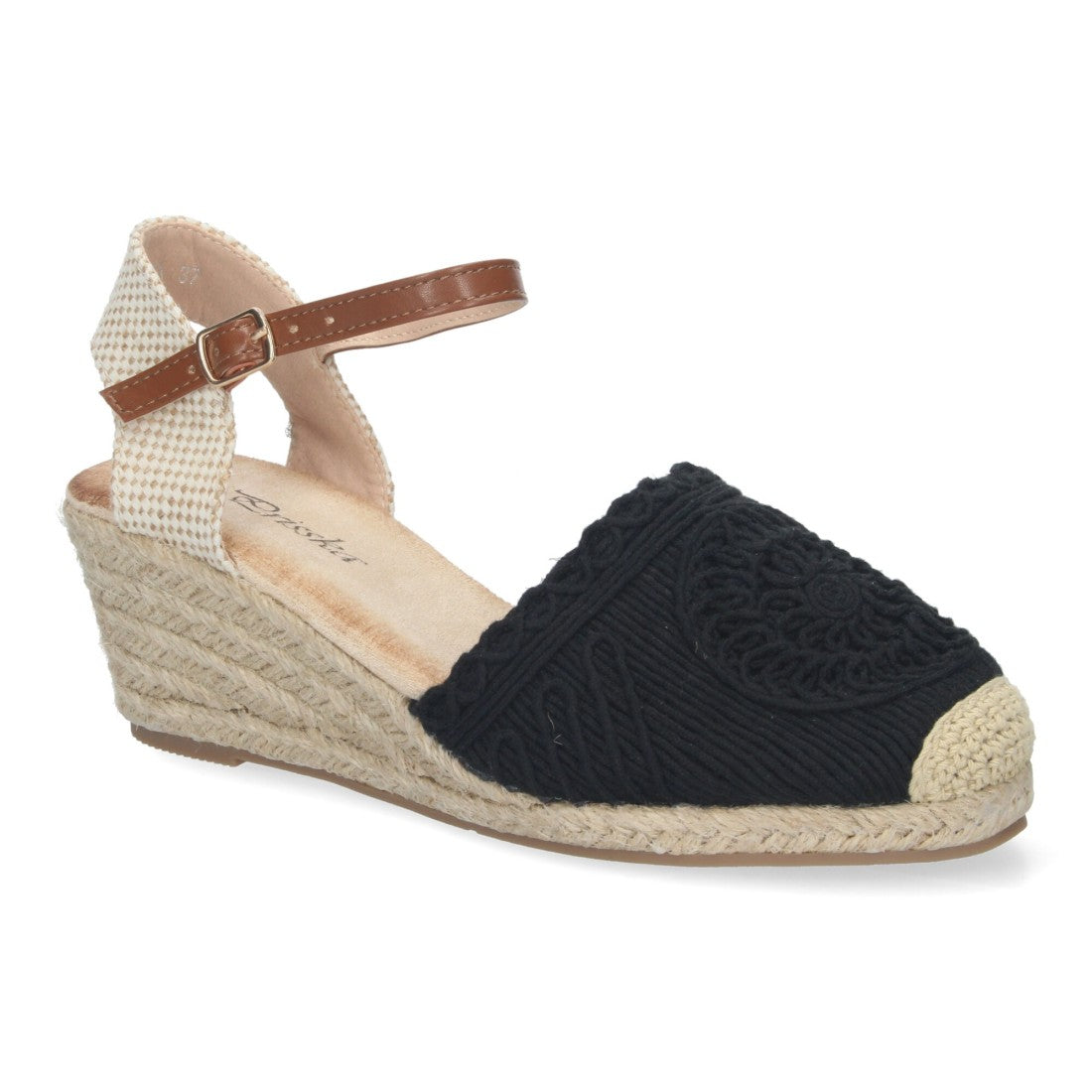 Sandalias Negras Mujer Cuña Yute Valenciana Bordada