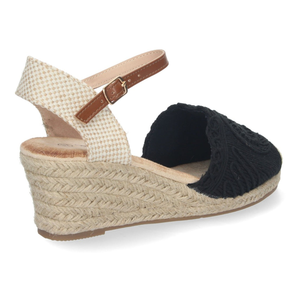 Sandalias Negras Mujer Cuña Yute Valenciana Bordada