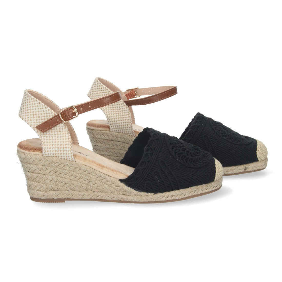 Sandalias Negras Mujer Cuña Yute Valenciana Bordada