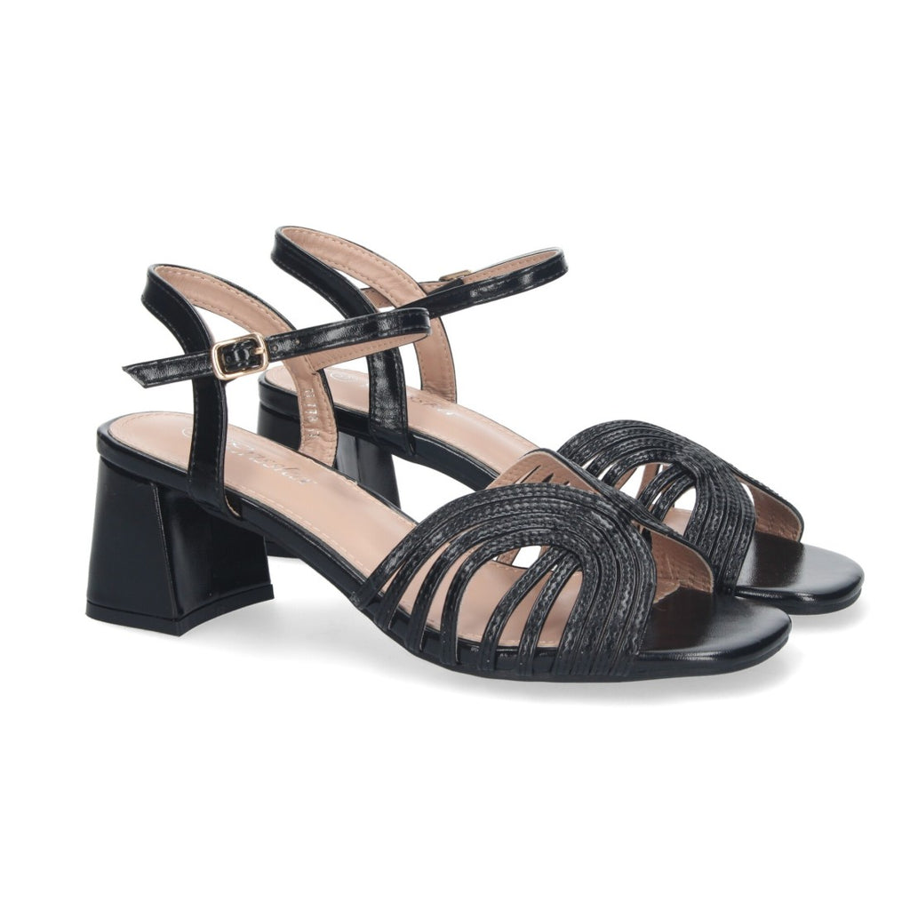 Sandalias Negras Tacón Tiras Anchas Empeine Hebilla Fiesta