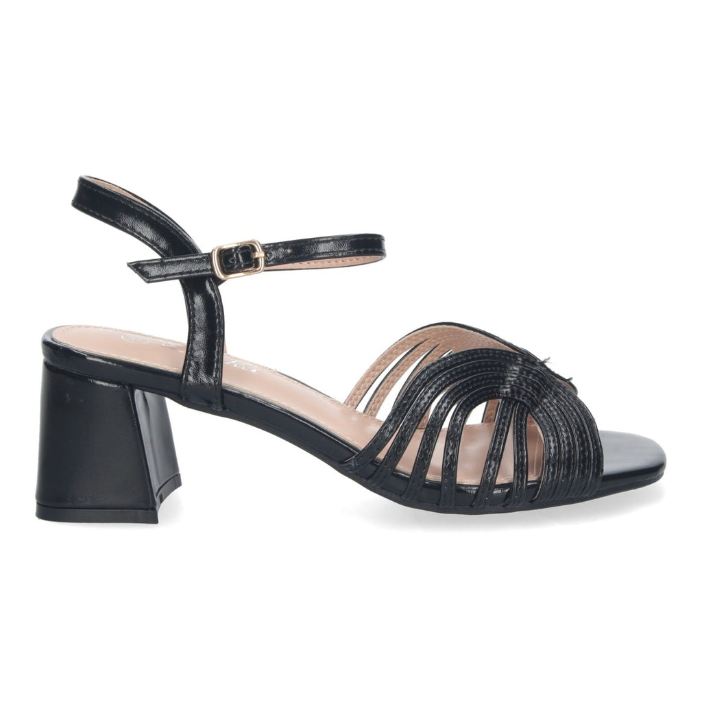 Sandalias Negras Tacón Tiras Anchas Empeine Hebilla Fiesta