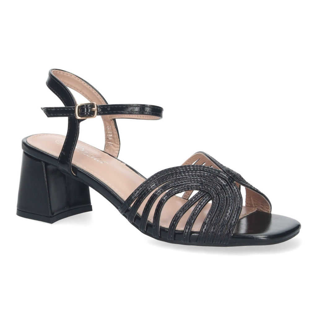 Sandalias Negras Tacón Tiras Anchas Empeine Hebilla Fiesta