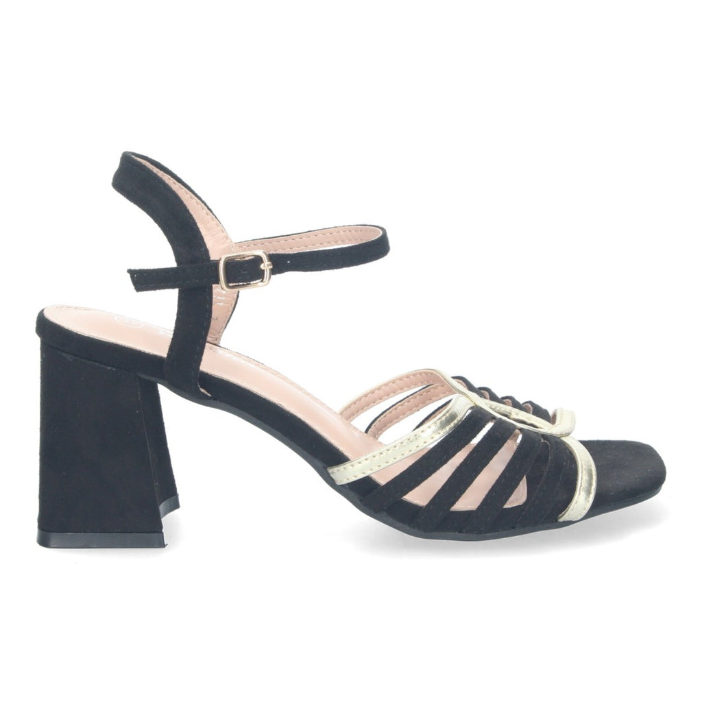 Sandalias Negras Tacón Tiras Anchas Empeine Hebilla Fiesta